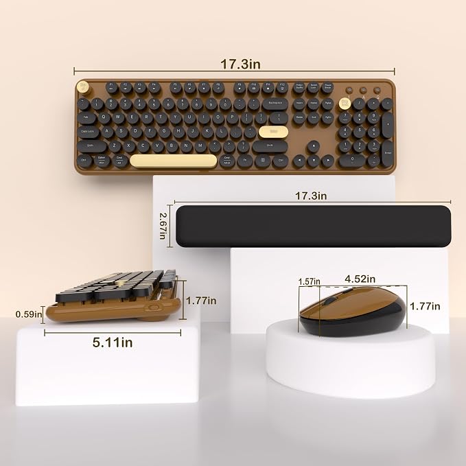 Links9+ Retro Wireless Keyboard and Mouse Combo, 104-Key Full-Size Floating Round Keycaps, 2.4G Plug & Play, USB & Type-C Ready, Ergonomic Set for Mac, Laptop, PC, Windows (Coffee-Black)