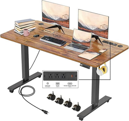 Electric Standing Desk with Power Outlets and USB-C Port, 55 x 24 Inches Adjustable Height Sit Stand Up Desk for Home Office, Adjustable Desk with Memory Preset and Wheels, Brown