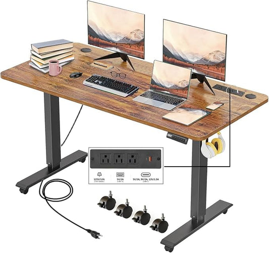 Electric Standing Desk with Power Outlets and USB-C Port, 55 x 24 Inches Adjustable Height Sit Stand Up Desk for Home Office, Adjustable Desk with Memory Preset and Wheels, Brown
