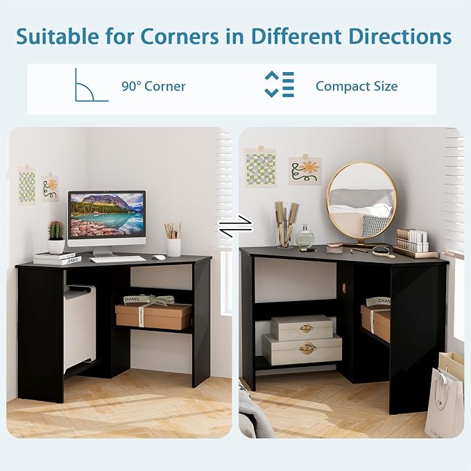 Tangkula Corner Desk, 90 Degrees Triangle Computer Desk for Small Space, Bedroom Corner Makeup Vanity Desk with Storage Shelves & CPU Stand