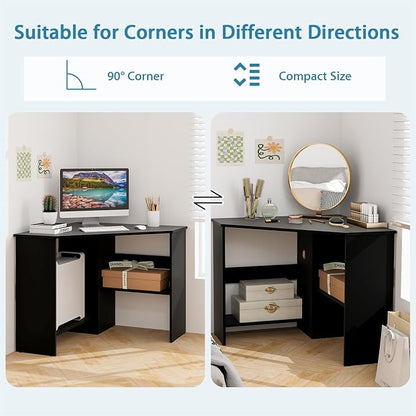 LDAILY Corner Desk, Space Saving 90 Degree Triangle Computer Desk with Storage Shelves & Cable Holes, Wood Compact Corner Writing Table for Small Spaces, Home Office, Bedroom & Living Room, Black