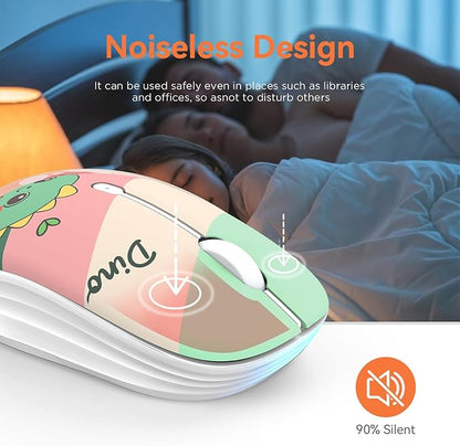 FMOUSE Cute Wireless Mouse, Bluetooth & 2.4GHz Dual Mode with USB Receiver, Silent Click, AA Battery Powered, for Kids Students Teen Girls, Compatible with Laptop Mac iPad PC (Cute Dino)