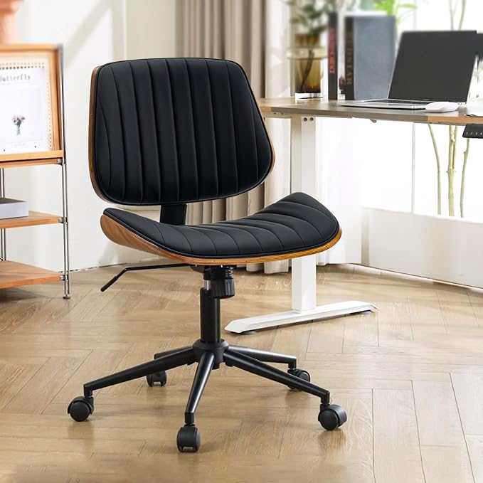 Modern Home Office Desk Chair with Wheels, PU Leather Swivel Computer Chair Armless Upholstered Cirss Cross Vanity Chair for Home Office, Meeting, Reading, Black