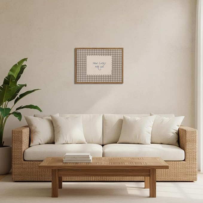 How Lucky Are We Wall Art Framed Canvas, Vintage Gingham Quote Print, Trendy Preppy Aesthetic Stripe Inspirational Wall Decor for Bedroom Dorm Apartment 12x16 Inch