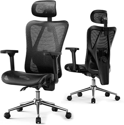 naspaluro Ergonomic Office Chair Mesh Desk Chair with Adjustable Headrest Lumbar Support 3D Armrest 90-135° Reclining Chairs for Home Office, Study, Work & Gaming (Black)