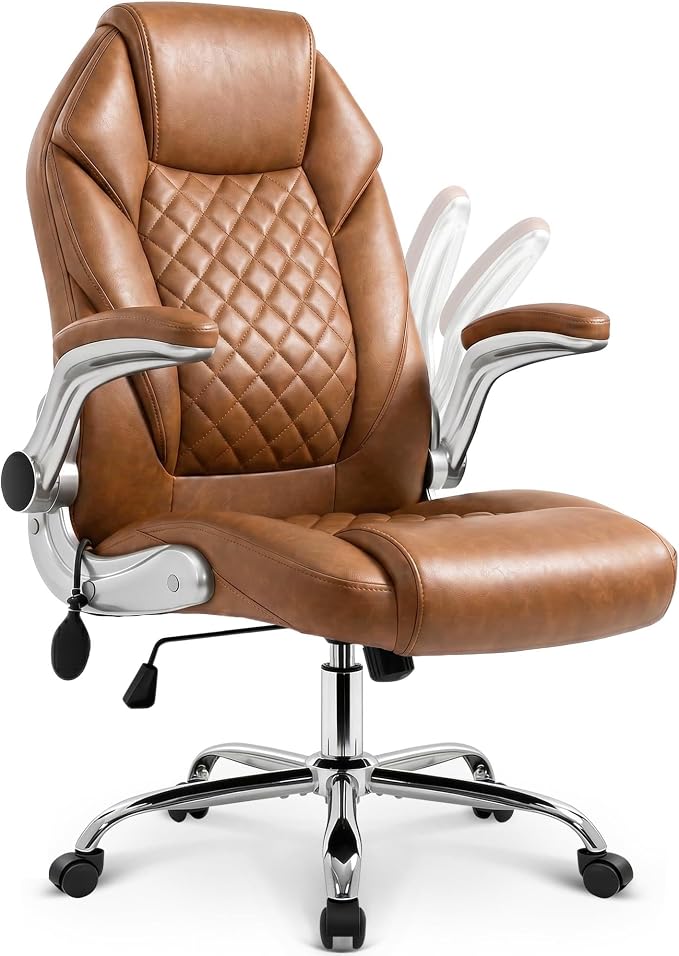 NEO CHAIR Executive Office Chair High Back Ergonomic Computer Desk Chair with Adjustable Lumbar Support Padded FILP-up Arms PU Leather Comfy Task Tilt Swivel for Home (Brown)