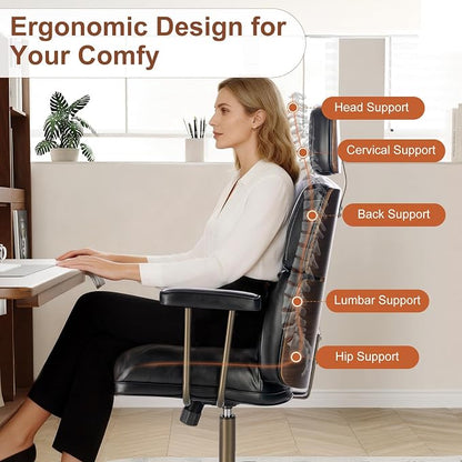 Mid-Century Modern Ergonomic Office Chair,High Back Faux Leather Executive Desk Chair with Walnut Bentwood & Headrest,Adjustable Swivel Computer Chair for Home Office,Black