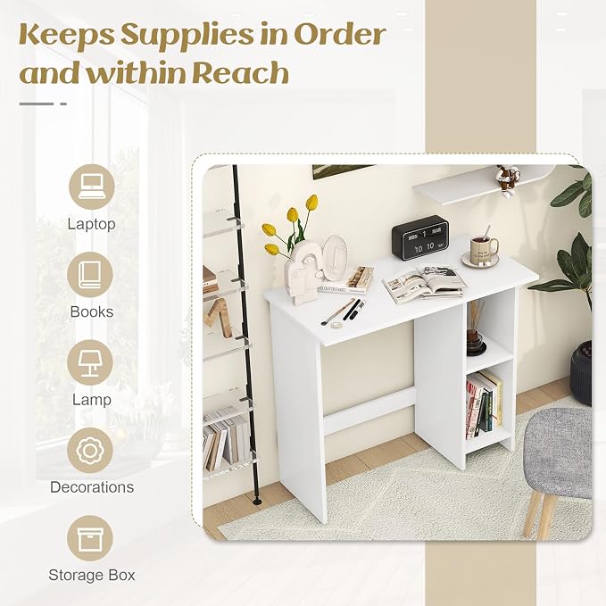 GOFLAME Small Computer Desk with Storage, Modern Writing Desk with Adjustable Shelf, Space Saving Laptop PC Desk with Anti-Toppling Kit, Wooden Study Desk for Home Office, White