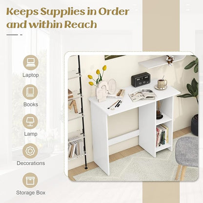 GOFLAME Small Computer Desk with Storage, Modern Writing Desk with Adjustable Shelf, Space Saving Laptop PC Desk with Anti-Toppling Kit, Wooden Study Desk for Home Office, White