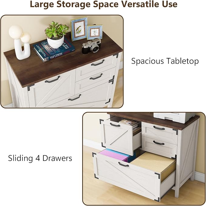 Halitaa Lateral File Cabinet with 4 Drawers Farmhouse File Cabinet for Letter/Legal/A4 Size Hanging Files, Large Wood File Storage Cabinets Printer Stand for Home Office Cabinet, Rustic White