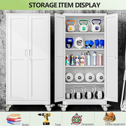 Metal Garage Storage Cabinets and storage system, 71”Tall Rolling utility cabinet with Wheels, Lock, 4 Adjustable Shelves, Heavy Duty Steel Tool Locker for Home Office, Utility Room, Gym,White