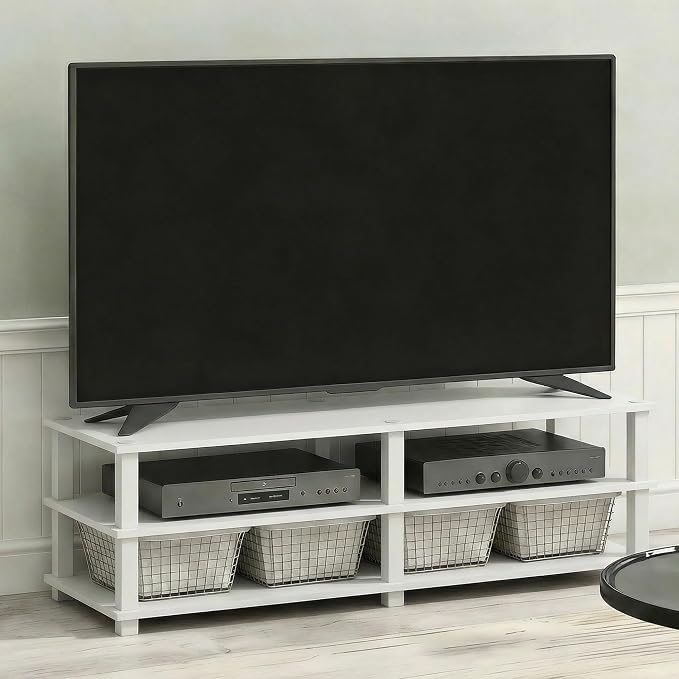 Furinno Turn-S-Tube Toolless Assembly 3-Tier TV Stand, Entertainment Center for TV up to 55 Inch, Wide Printer Stand with Storage Shelf, for Living Room, Bedroom, White