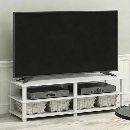 Furinno Turn-S-Tube Toolless Assembly 3-Tier TV Stand, Entertainment Center for TV up to 55 Inch, Wide Printer Stand with Storage Shelf, for Living Room, Bedroom, White