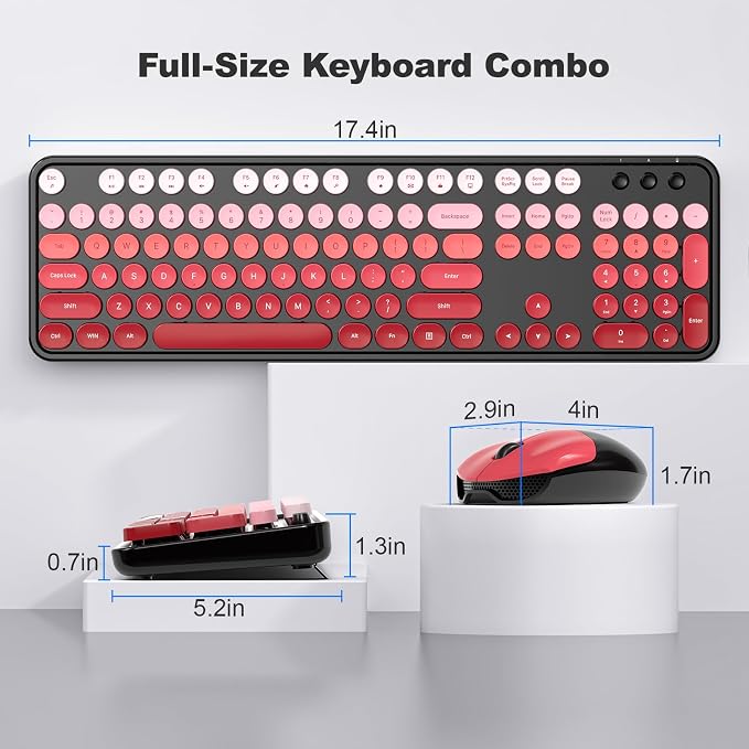 Wireless Keyboard and Mouse Combo, MOWUX Full Size Typewriter Retro Round Computer Keyboard, Cute Optical Mouse Wireless, Plug and Play, for Laptop, PC, Computer- Black Red Gradient