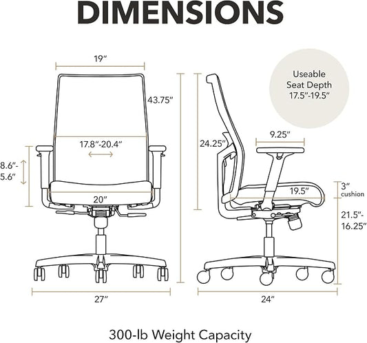 HON Ignition 2.0 Mid‑Back Ergonomic Office Chair, Mesh Task Desk Chair with Lumbar Support, Standard Synchro‑Tilt, Height and Width Adjustable Arms, Titanium Frame, Sky