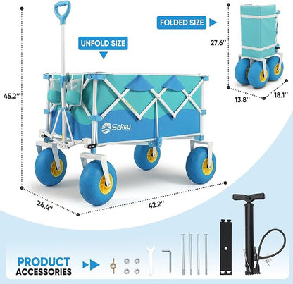 Sekey Heavy Duty Beach Wagon with 9" Big Sand-Proof Wheels – 600lb Capacity, 200L Oversized Foldable Cart | Adjustable Handle & All-Terrain Tires for Sand, Camping, Groceries