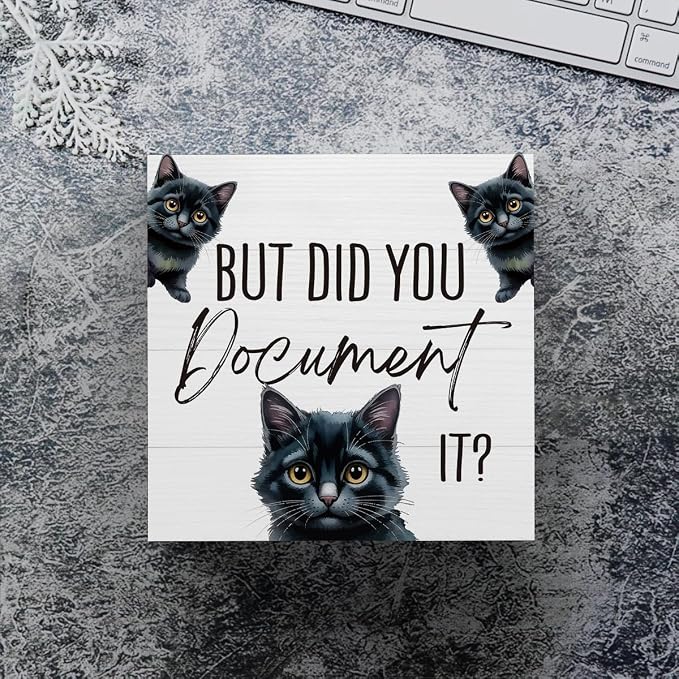 mmiishe But Did You Document It Funny Cat Office Decor for Black Cat Lover | Black Cat Gifts for HR Colleague Friend Women Men Cute Desk Decor Wooden Box Sign for Home Office Desk Boss Gift 5 x 5 Inches