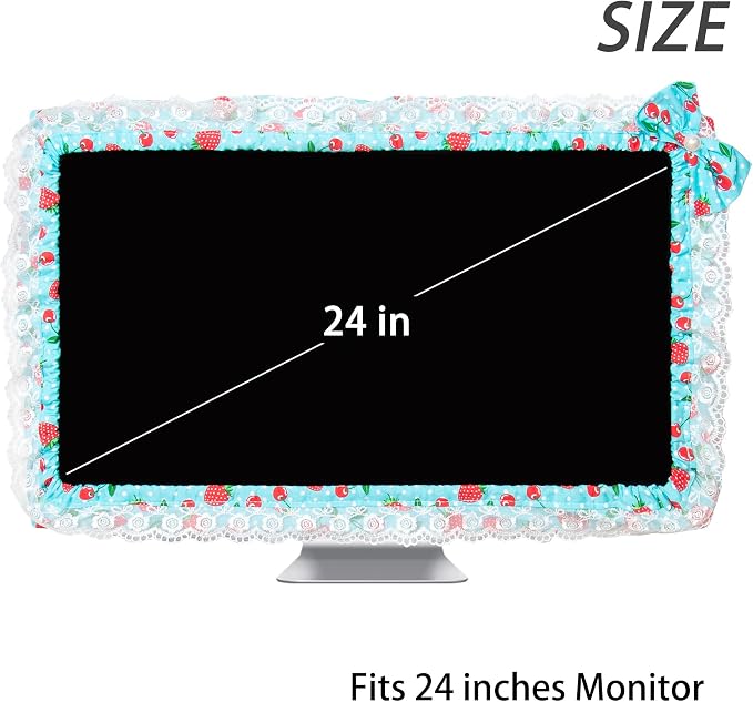 24-inch Cute Lace Fabric Monitor Cover with Elastic Pen Pocket & Bow-knot Design, Dust Protector for Computer/TV/LCD Screens - Blue