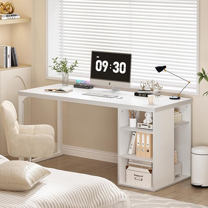 EXCEFUR White Computer Desk with Storage Shelves, Modern Home Office Desk, Reversible Wood and Metal Writing Study Table Workstations for Living Room Bedroom, 53 Inch