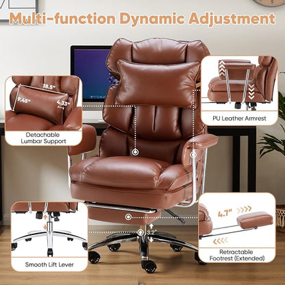 Sweetcrispy Executive Home Office Desk Chair - Ergonomic Big Tall High Back with Footrest & Lumbar Support, Reclining Height Adjustable, Comfy PU Leather Computer Gaming with Swivel Wheels, Brown