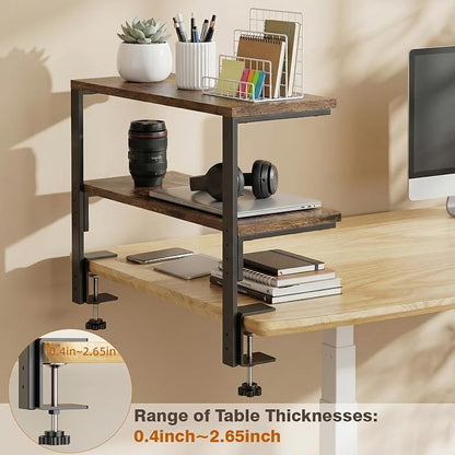 2-Tier Desk Extender, 22-inch Clamp-On Desk Shelf, Height-Adjustable Desktop Shelf Organizer for Monitors Office and Gaming Accessories, Arm Support Table Extension, Dark Brown