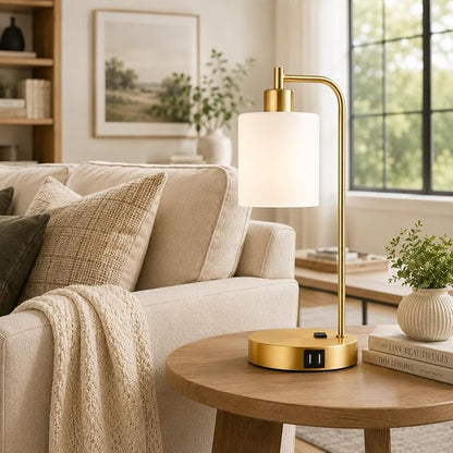 Set of 2 Industrial Touch Control Table Lamps with 2 USB Ports and AC Outlet - 3-Way Dimmable Gold Bedside Lamps Nightstand Desk Lamps for Bedroom Living Room, Opal Glass Shade & 2 LED Bulbs Included