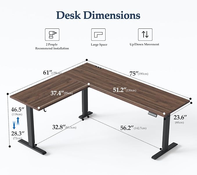 Klicelor L Shaped Standing Desk 75 x 61 Inch, Electric Height Adjustable Corner Desk for Home Office Workstation, Ergonomic Sit Stand Computer Table with Memory Controller, Dark Walnut