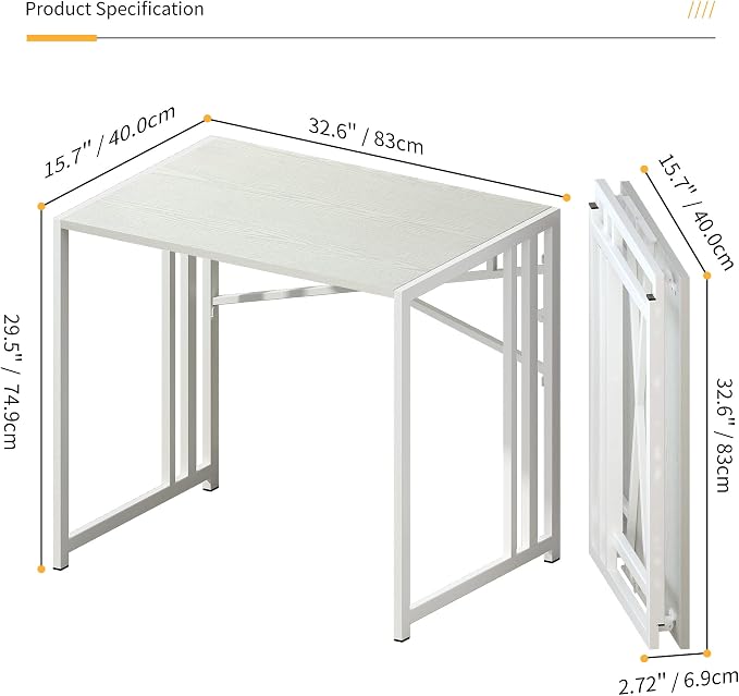 Lutown-Teen Small Folding Desk 32 inch, No Assembly Required Small Office Desk, Writing Gaming Computer Camping Desk, White