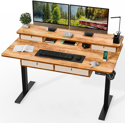 Kingant 55 x 30 Inch Electric Standing Desk with 4 Drawers, Adjustable Height Computer Desk for Home Office, Large Workstation Sit Stand Up Desk with Built-in USB A/C Ports, Light Rustic Brown