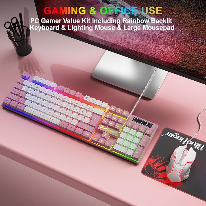 BlueFinger RGB Gaming Keyboard and Backlit Mouse Combo, USB Wired, LED Gaming Set for Laptop PC Computer Game and Work (Pink & White)