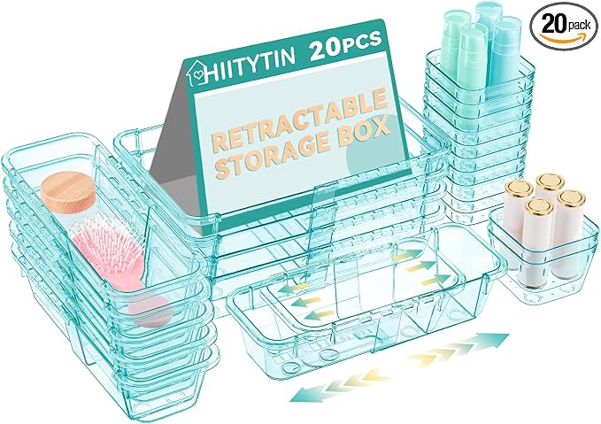 20 Pcs Adjustable Clear Drawer Organizer, Extendable Vanity Storage Bins, Desk Drawer Organizer Set for Makeup, Cosmetics, Bedroom, and Gadgets, Blue