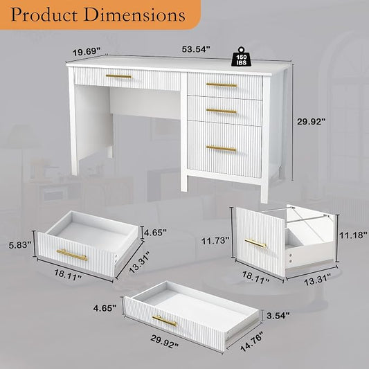White Executive Desk with Drawers: 54" Wood Computer Desk with File Drawer, Modern Home Office Desks with Storage, Fluted Writing Desks for Working, Studying (White, 54")