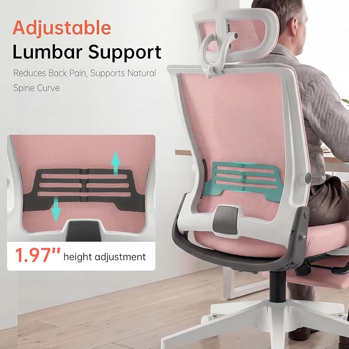 Foldable Office Chair with Foot Rest, Ergonomic Office Chair with Adjustable Lumbar Support, Headrest, Armrest, Home Office Desk Chair for Space Saving, Work from Home, Pink