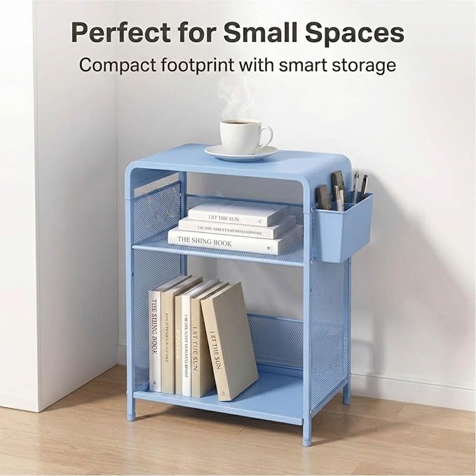 ECOLOVI 3 Tier Printer Stand for Under Desk, Height Adjustable Shelf Small Printer Table with 3 S-Hooks & Basket, Heavy Duty Industrial Storage Shelf for Home Office (Blue Metal)