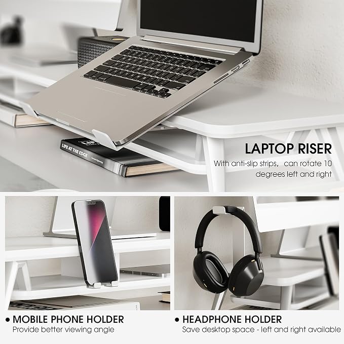Fenge Dual Monitor Stand, Monitor Riser for 2 Monitors with Adjustable Laptop Riser , 42.5 Inch Desk Shelf for Top of Desk with Phone Holder& Headphone Stand