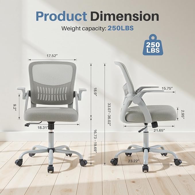 DUMOS Home Office Computer Chair - Ergonomic Mid Back Desk with Lumbar Support and Rocking Mode, Height Adjustable with Flip-up Armrest, for Conference Meeting Room, 360° Swivel, Adults, Grey