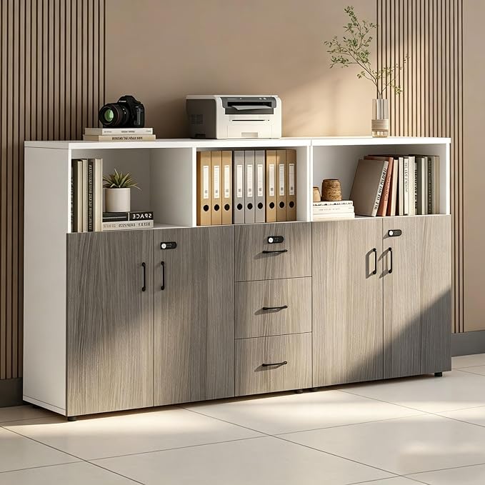 File Cabinet with Password Lock, Wood Lateral Filing Cabinet for Letter/A4 Files, 3 Drawer with Door, Printer Stand with Open Shelves for Home Office