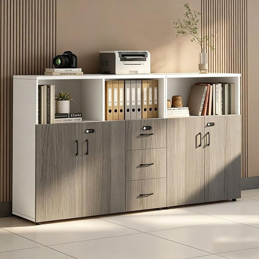 File Cabinet with Password Lock, Wood Lateral Filing Cabinet for Letter/A4 Files, 3 Drawer with Door, Printer Stand with Open Shelves for Home Office
