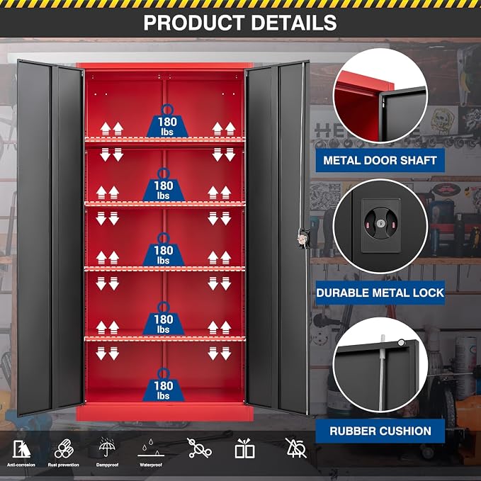 Fesbos Metal Storage Cabinet-72” Tall Steel File Cabinets with Lockable Doors and Adjustable Shelves-Black&Red Steel Storage Cabinet for Kitchen, Office, Garage
