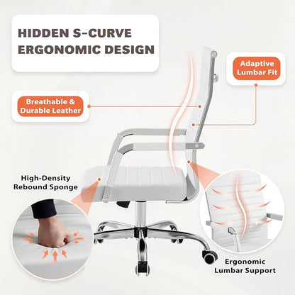 Furmax Ergonomic Office Desk Chair, Executive Ribbed Mid-Back PU Leather Conference Room Chair Adjustable Swivel Chair with Arms (2, White)