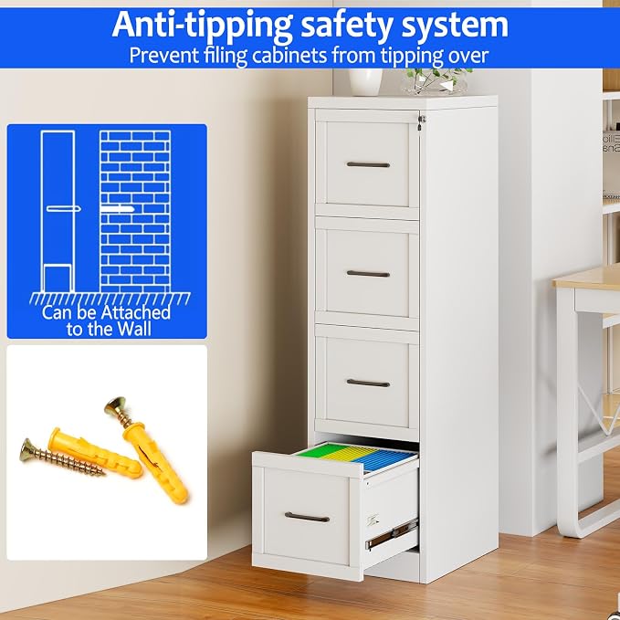 Small Metal 4-Drawer File Cabinet, Under-Desk Filing Cabinet, White | Locking, Adjustable Hanging Rail, Fit A4, FC, Letter, Hanging File Folders for Home Office Storage Organization, 2PS