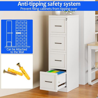 Small Metal 4-Drawer File Cabinet, Under-Desk Filing Cabinet, White | Locking, Adjustable Hanging Rail, Fit A4, FC, Letter, Hanging File Folders for Home Office Storage Organization, 1PS