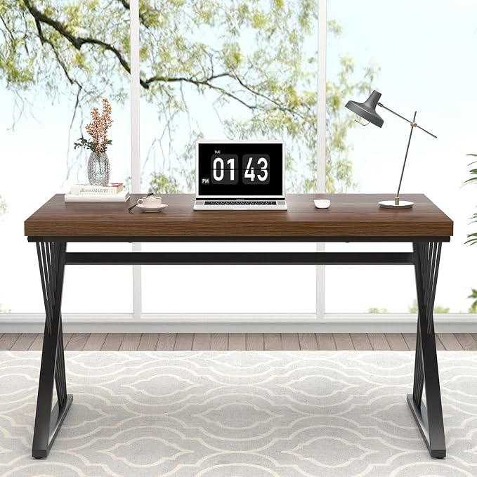 FOLUBAN Home Office Desks, Modern Wood and Metal Writing Study Work Table, Industrial Computer Desk for Bedroom Living Room, Rustic Walnut, 47 Inch