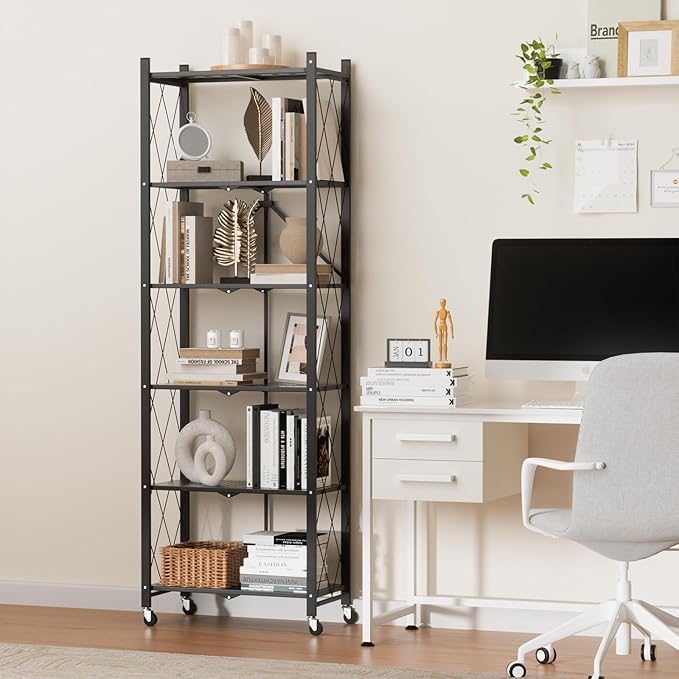 ALANNG 73.6 Inch Folding Bookshelf, 6 Tier Metal Bookcase and Bookshelves, Tall Shelves for Living Room Office Bedroom, Heavy Duty Book Shelve Free Standing Open (Black, 3PACK)