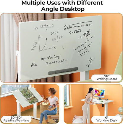 35inch Glass Standing Desk，90° Tiltable Mobile Rising Desk Height Adjustable，Whole Piece Rolling Drafting/DrawingTable with Wheels，Foldable Small Laptop Art Desk，White