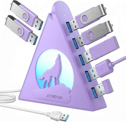 USB 3.0 Hub 7 Port, Vertical USB Splitter with RGB Lighting, 5Gbps High-Speed Data Transfer, 2FT Extension Cable, Tower USB Hub for PC, Laptop, MacBook, PS5, Xbox, Flash Drive, Printer (Light Purple)