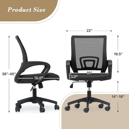 Office Chair Ergonomic - Mesh Desk Chair with Lumbar Support & Wide Seat (300Lbs Capacity) Adjustable Height, Swivel Wheels - for Home Office, Gaming, Bedroom