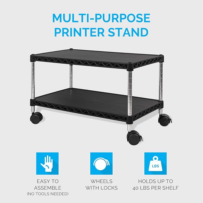 Under Desk Printer Stand with Storage 24" X 14", Printer Cart, Small Printer Stand with Wheels, Small Printer Table for Home Office, Heavy Duty Low Rolling Cart, (Regular, Black)