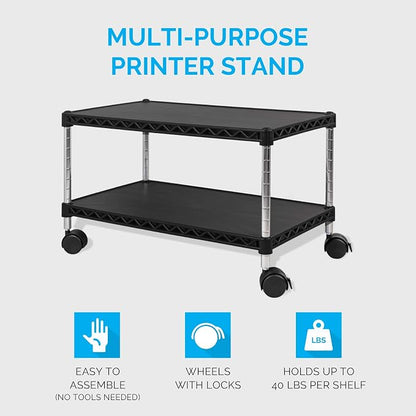 Under Desk Printer Stand with Storage 24" X 14", Printer Cart, Small Printer Stand with Wheels, Small Printer Table for Home Office, Heavy Duty Low Rolling Cart, (Regular, Black)