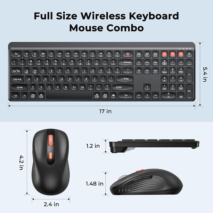 MEETION Bluetooth Keyboard and Mouse, 2.4G + Dual Bluetooth Multi Device, Full Size Silent Ergonomic Keyboard with 4 Level DPI Adjustable Wireless Mouse for Windows, Mac OS Desktop/Laptop/PC, Black